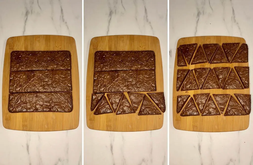 cutting cooked brownies into triangles to create Christmas trees