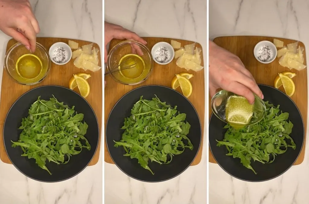 making a lemon vinaigrette and pouring over arugula to make a salad