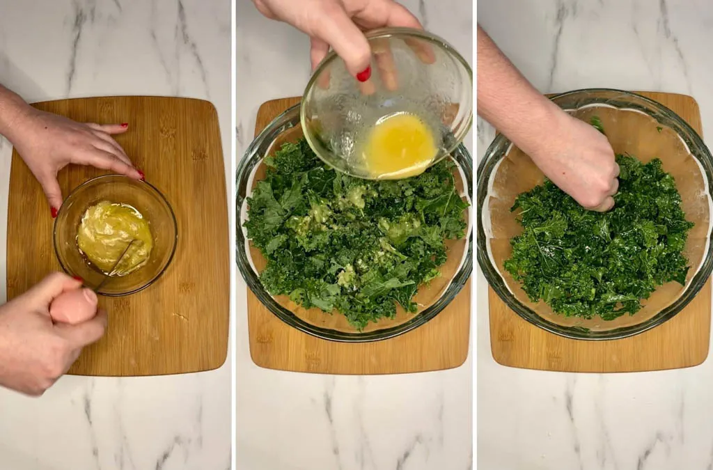 making honey Dijon salad dressing and massaging kale