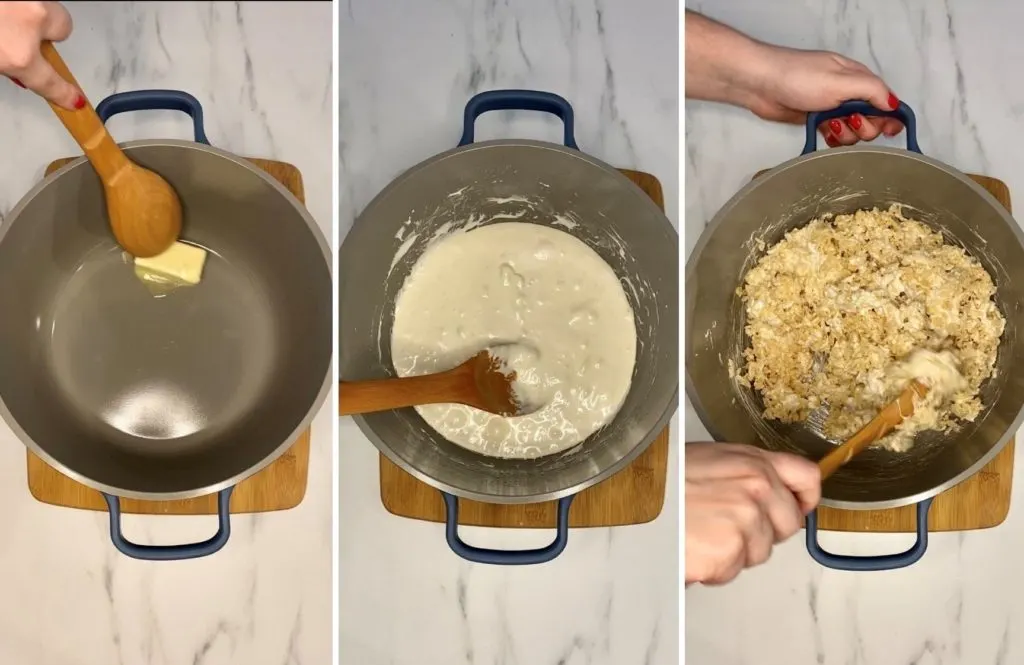 melting butter, marshmallows and mixing in crispy rice cereal