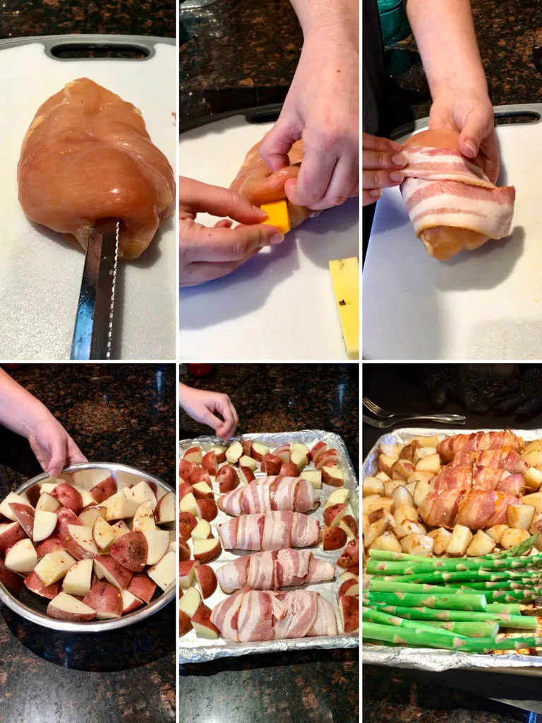 steps for making bacon wrapped cheese stuffed bacon plated with asparagus and roasted potatoes