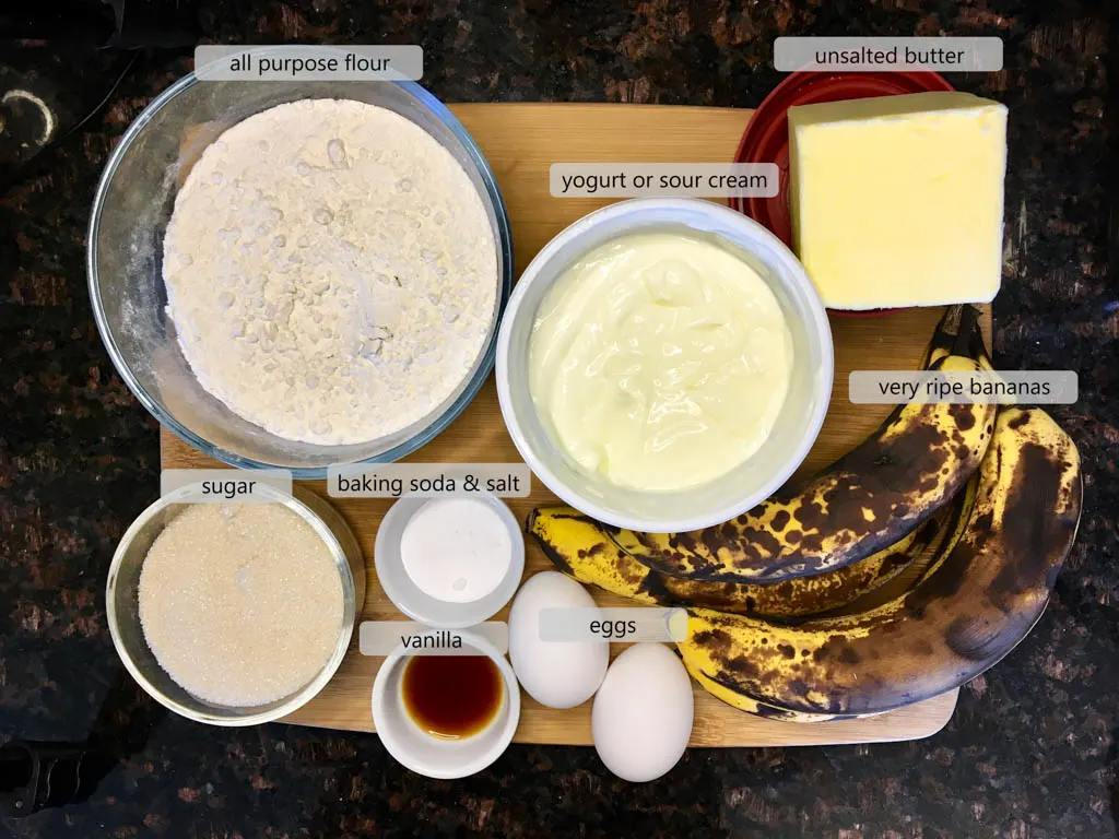 ingredients to make banana bread baked in a bundt pan