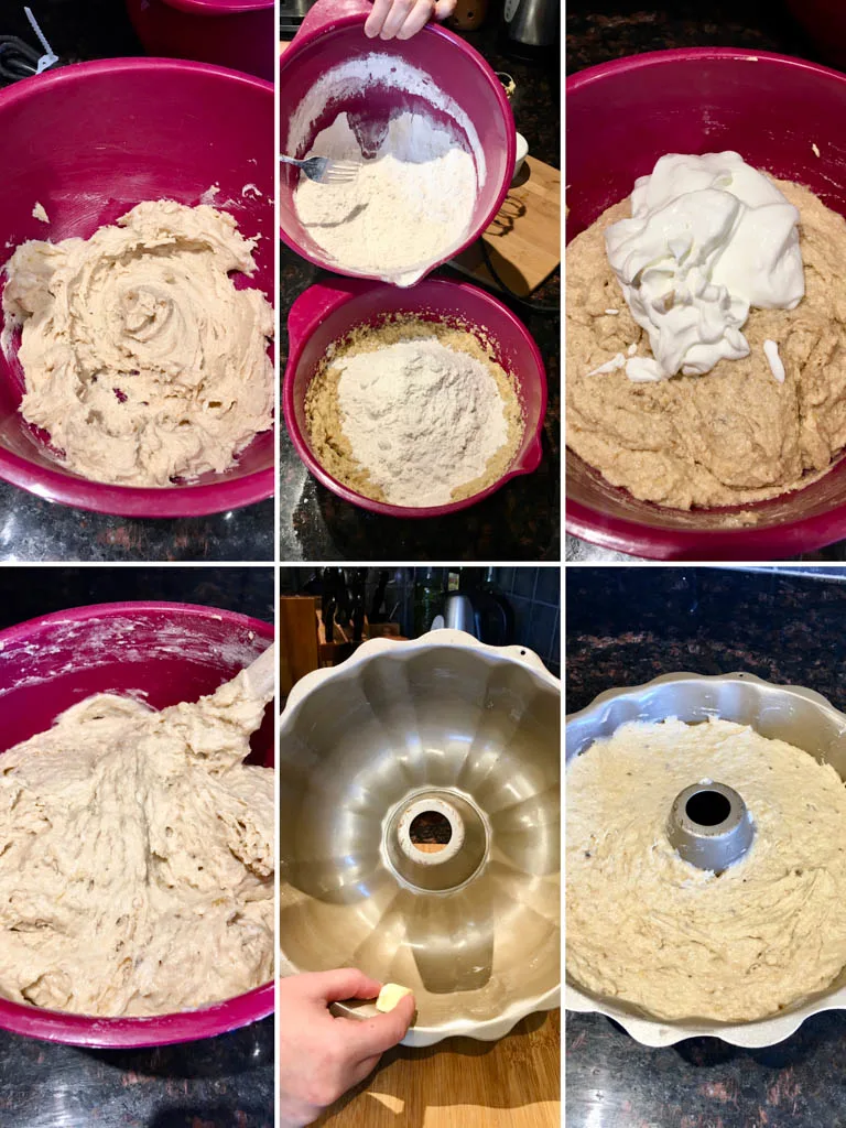 steps for making banana bread baked in a bundt pan