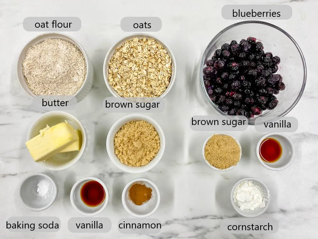 bowls with ingredients to make Blueberry Oat Crumble Bars