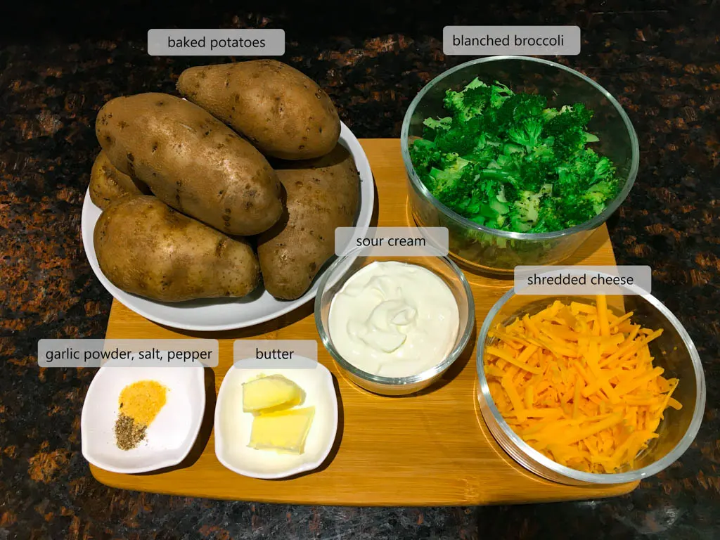 ingredients to make Broccoli Cheddar Twice Baked Potatoes