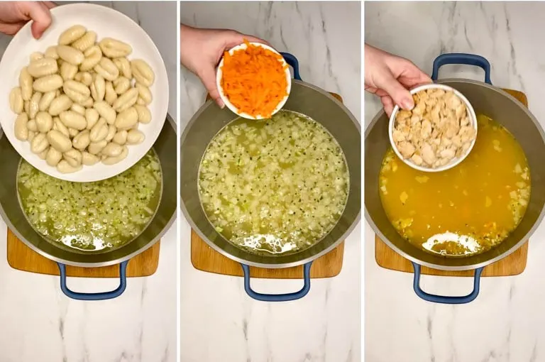 steps for making Chicken Gnocchi Olive Garden Soup in bowls