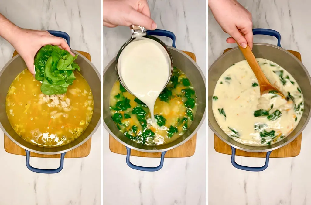 steps for making Chicken Gnocchi Olive Garden Soup in bowls