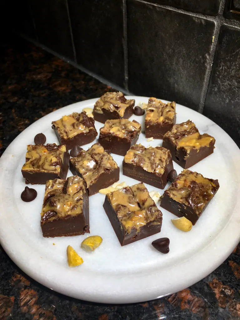 chocolate peanut butter fudge plated