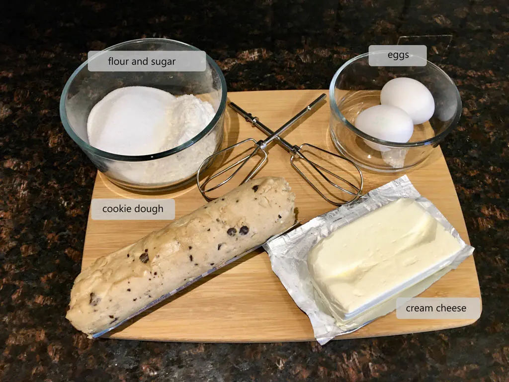 ingredients to make Cookie Dough Cheesecake Bars