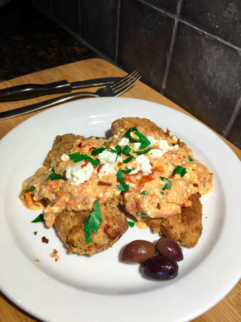 Feta Chicken Cutlets on a white plate