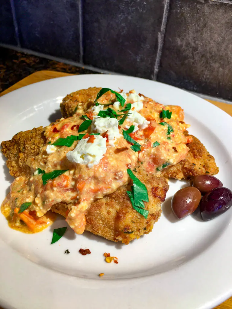 Feta Chicken Cutlets on a white plate