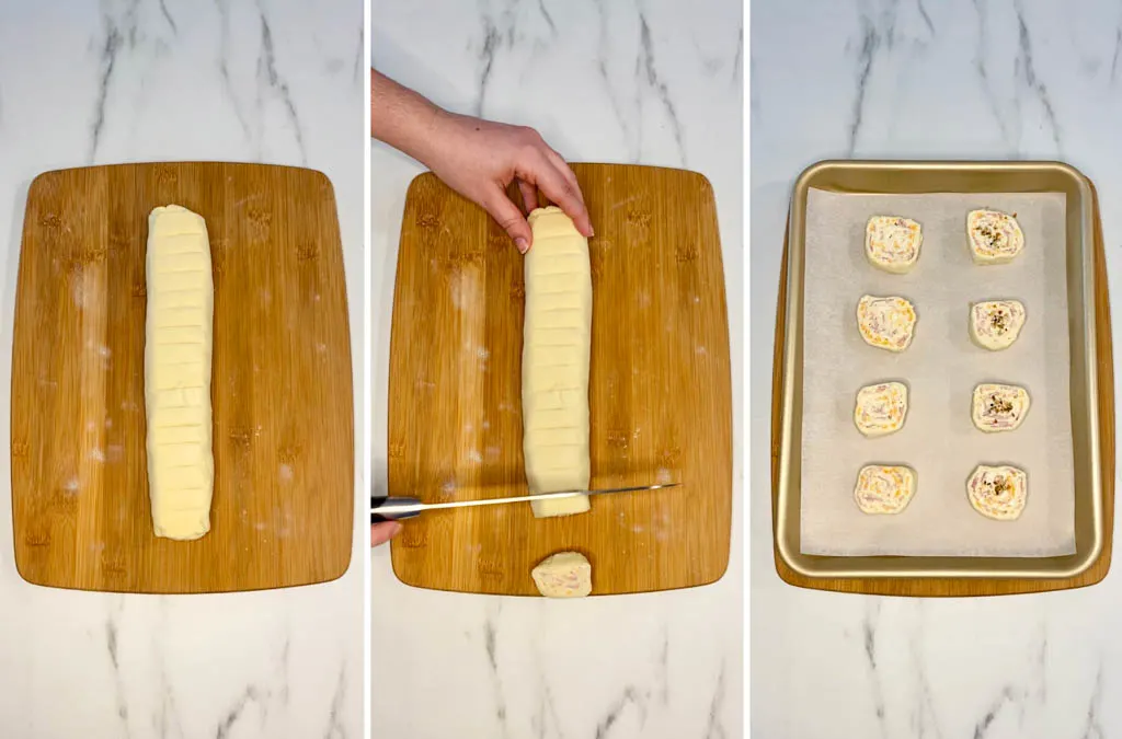 steps to make Ham and Cheese Pinwheels on a marble cutting board with wood