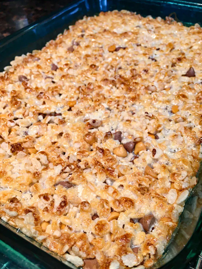 8 layer magic bars baked in a glass dish