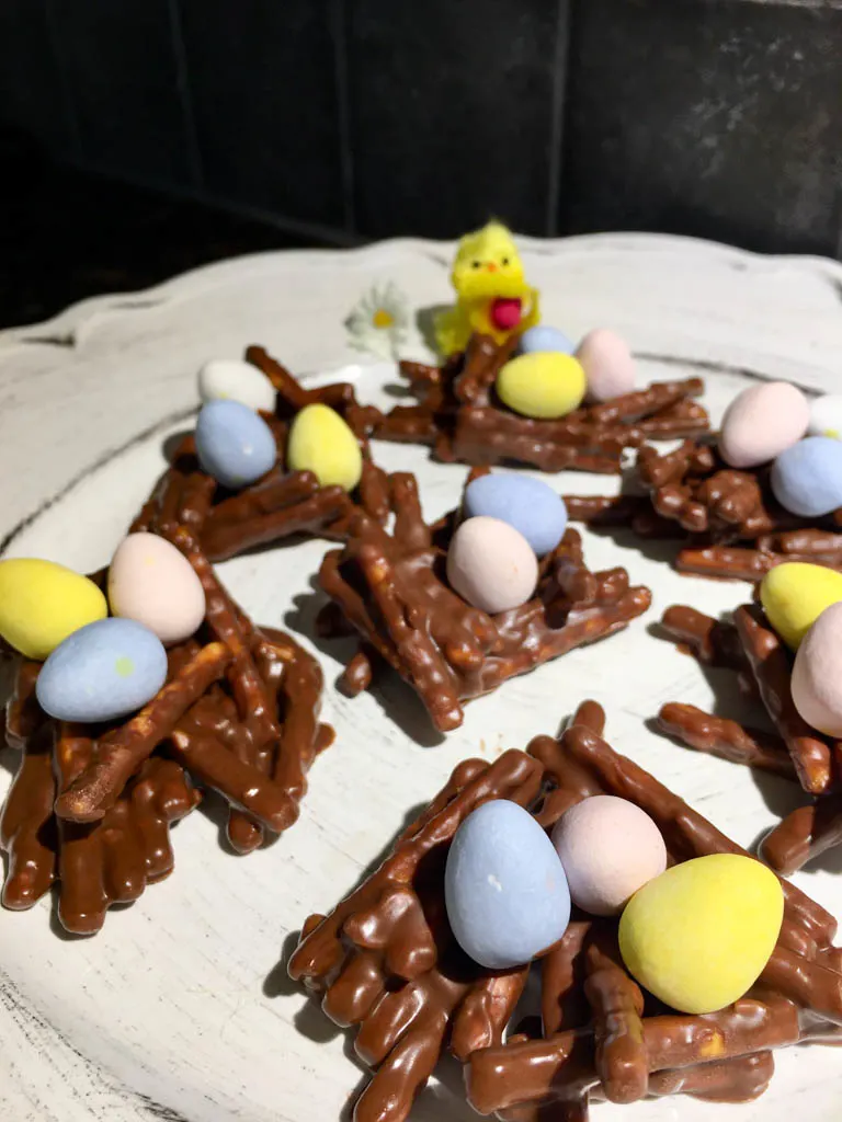 Mini Egg Chocolate Nests Haystacks on a white plate