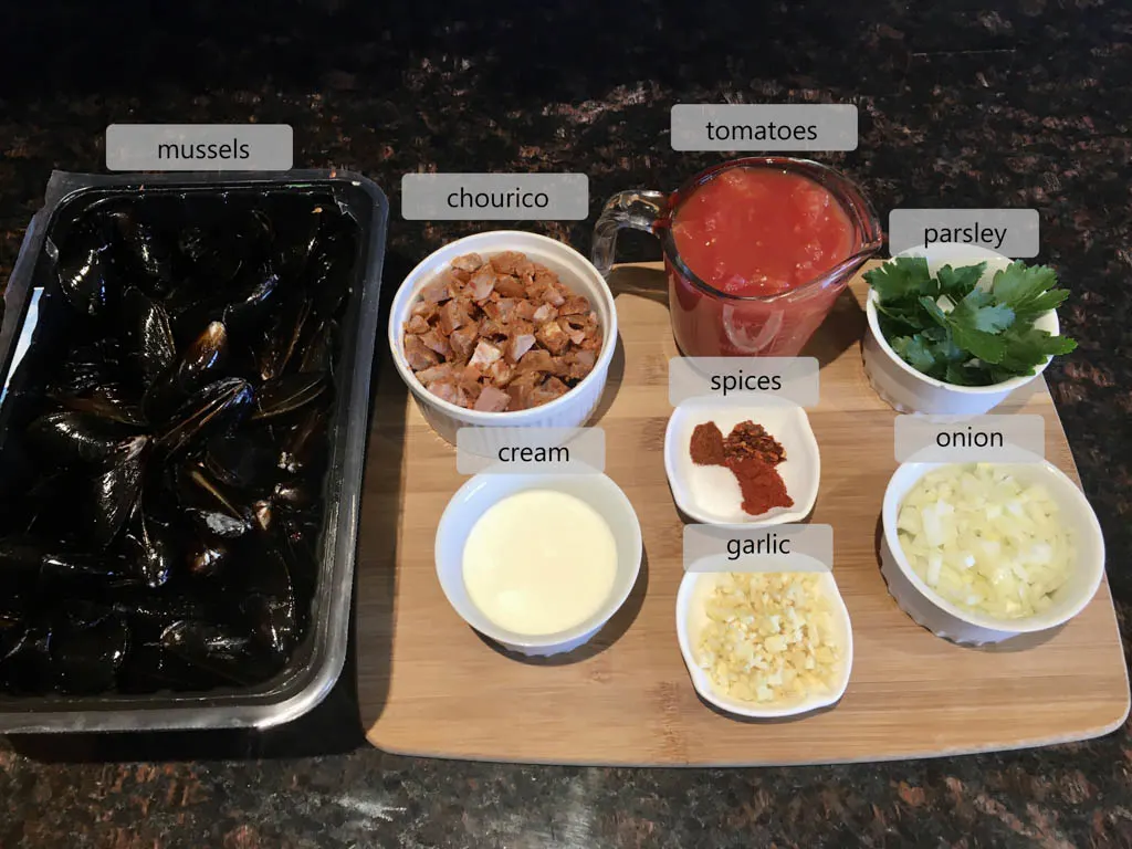 ingredients to make Mussels Portuguese Spicy Chorizo