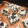 oreo fudge plated on wood board