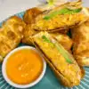 Spicy Salmon Egg Rolls on a blue plate