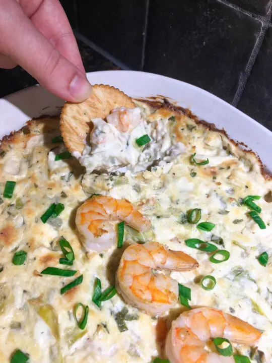 shrimp artichoke dip plated with crackers