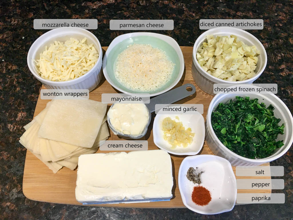 ingredients to make Spinach Artichoke Dip Wonton Cups