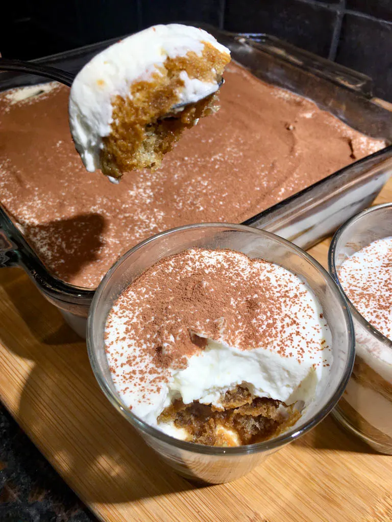 Tiramisu Egg Free in a baking dish and ramekins