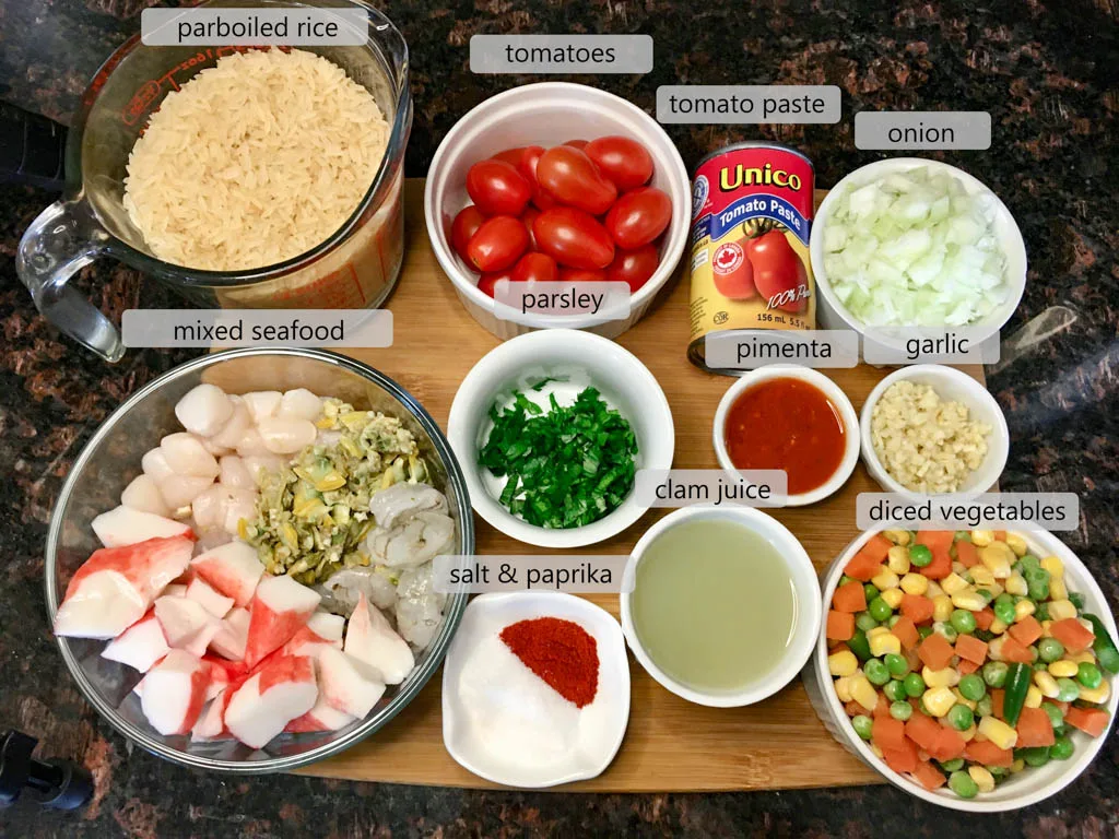 ingredients to make Tomato Seafood Rice Portuguese