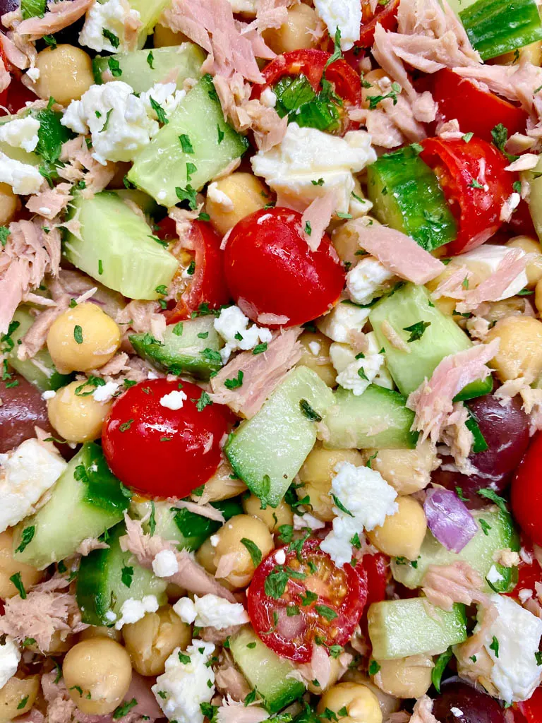 greek chickpea tuna salad close up