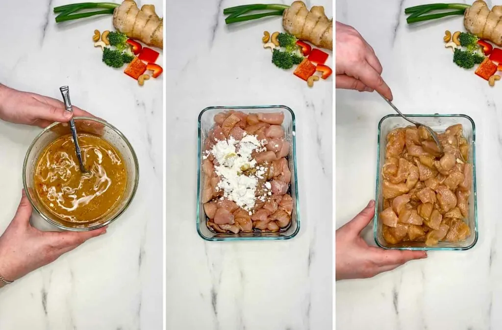 marinating cubed chicken in a bowl