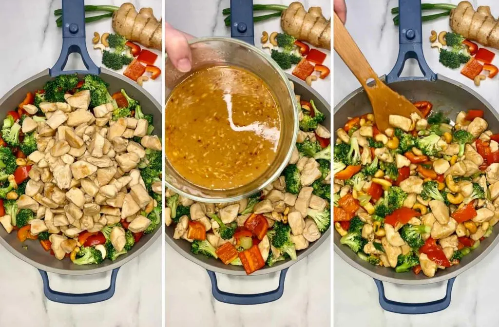 stir frying cashew chicken in a blue and gray frying pan