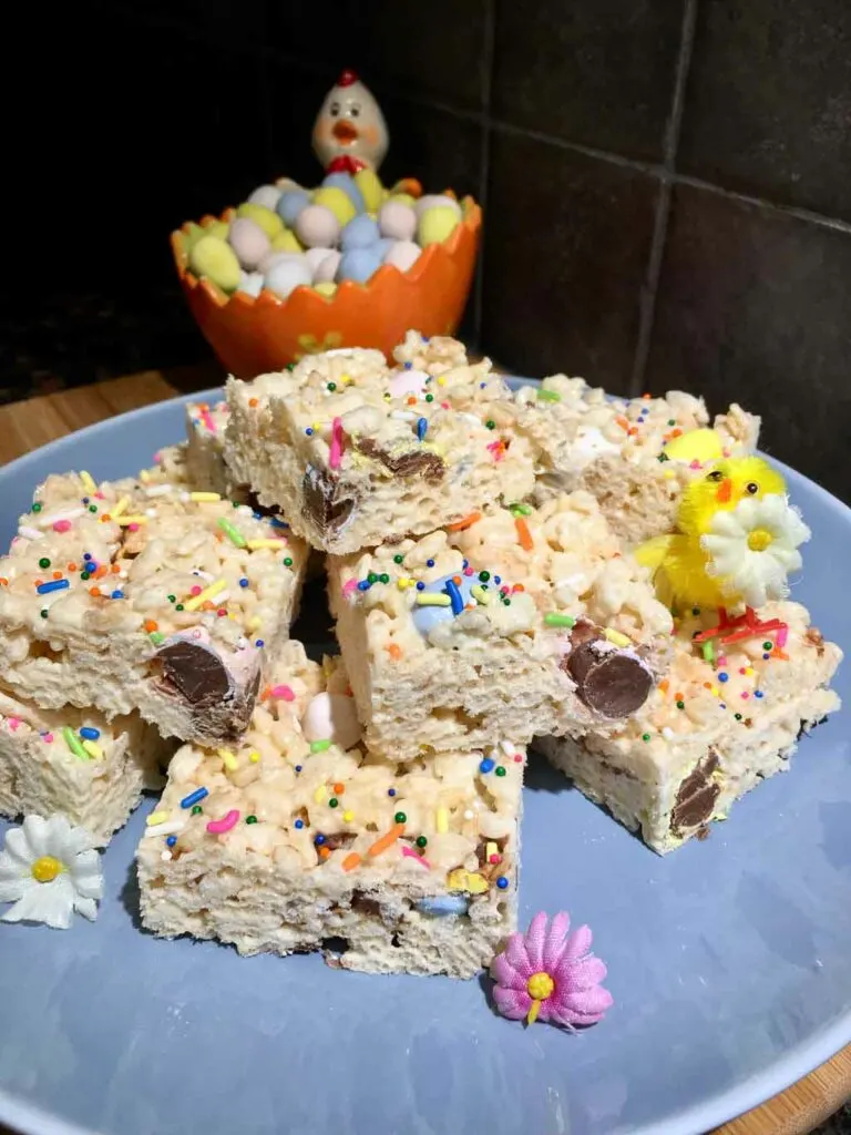 easter rice krispy treats on a blue plate