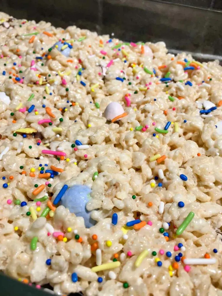 easter rice krispy treats in a glass baking dish