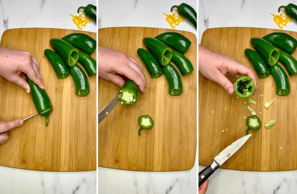 cutting board with jalapenos being sliced and hallowed to make bacon wrapped armadillo eggs