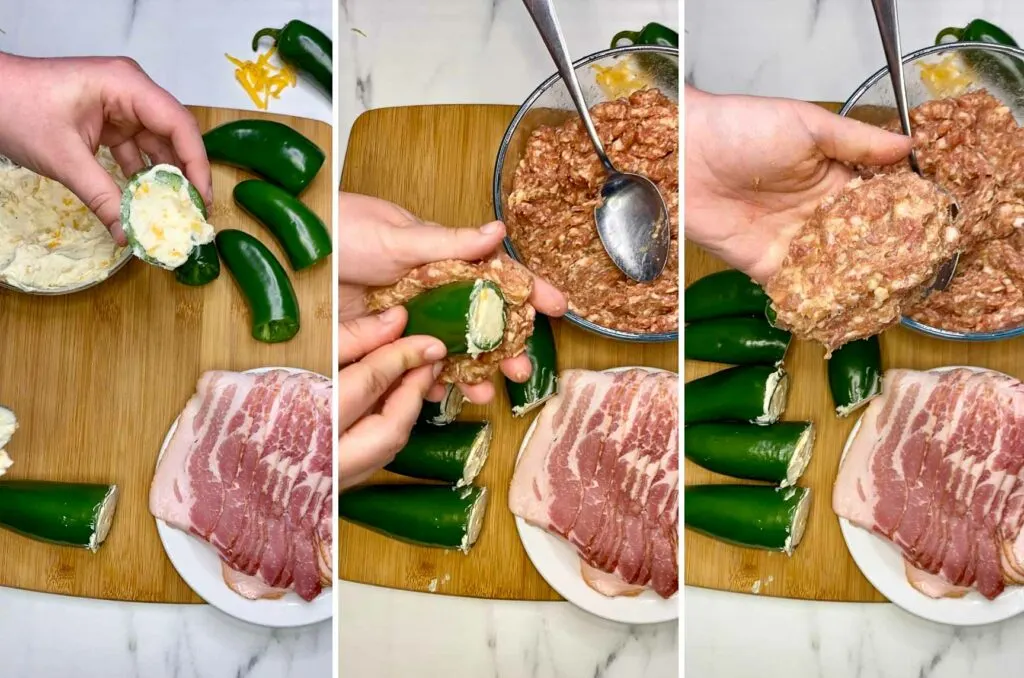 steps for filling jalapenos with cream cheese and wrapping with pork sausage to make bacon wrapped armadillo eggs