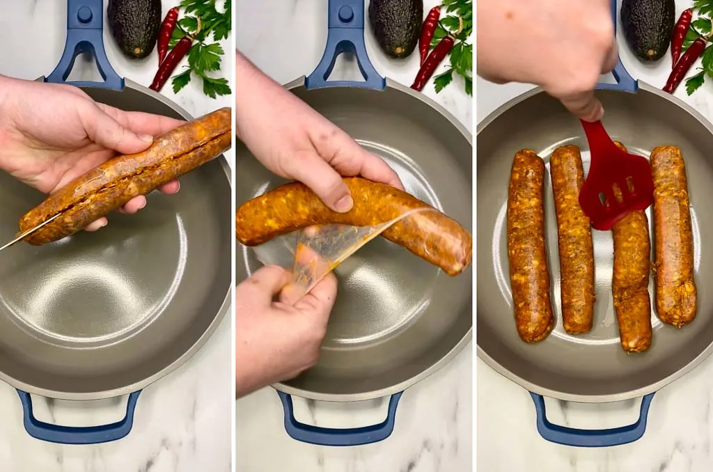 removing casing from Mexican chorizo sausage and adding to a frying pan