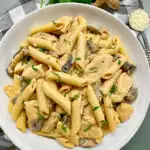 bowl of pasta da vinci (cheesecake factory copycat) with parsley and shiitake mushroom