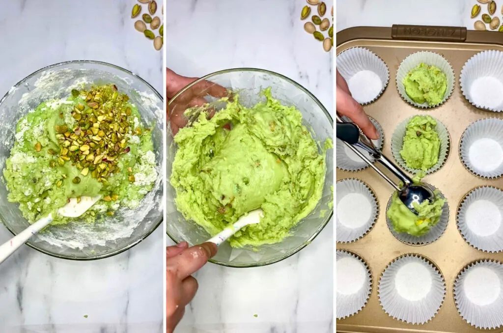 steps for making pistachio muffins. mixing batter and adding to a muffin tin