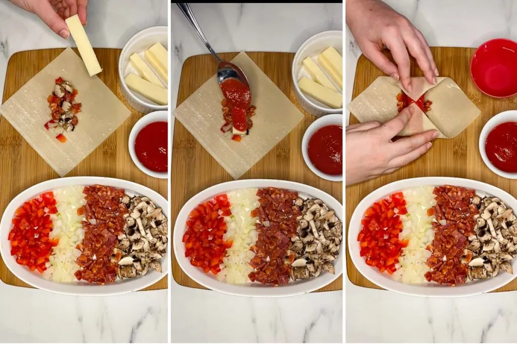 filling an egg roll wrapper with pizza toppings to make pizza egg rolls