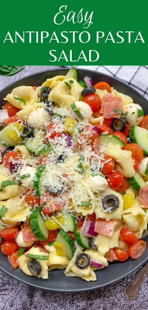 Italian antipasto tortellini pasta salad recipe in a black bowl with basil garnish