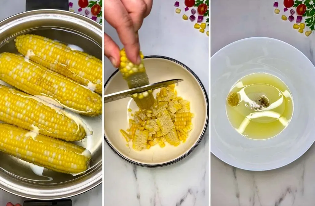 boiling corn in a pot and then slicing the corn off the cob