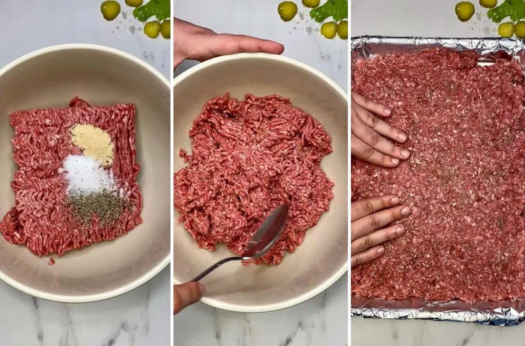 seasoning ground beef in a bowl to make big mac sliders