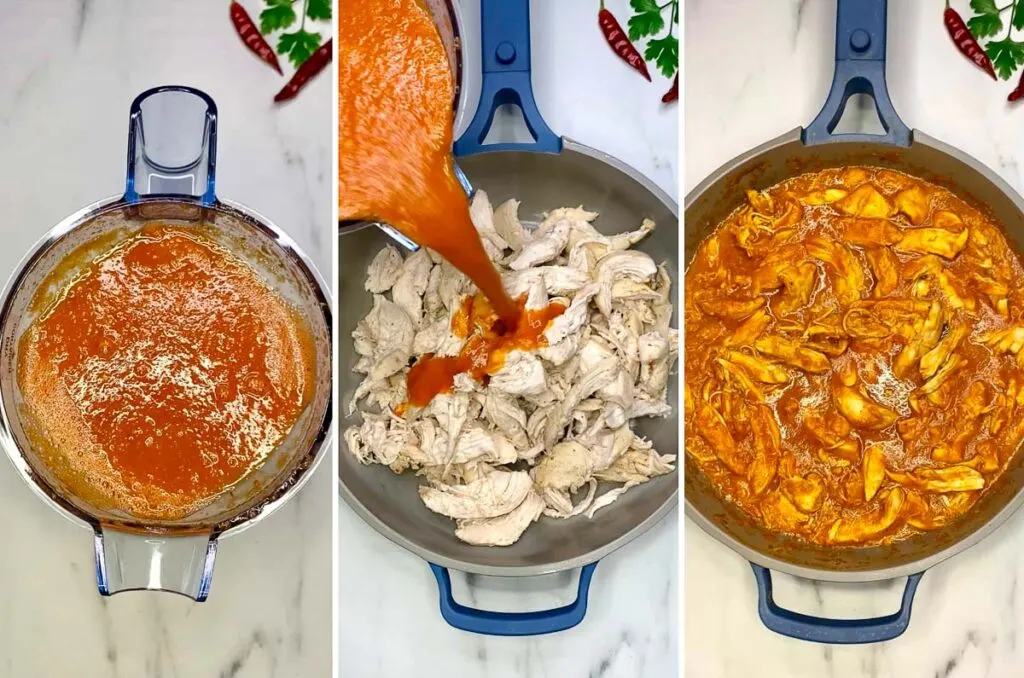 making chicken tinga in a frying pan