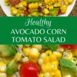 avocado corn tomato salad in a white bowl with burlap in the background