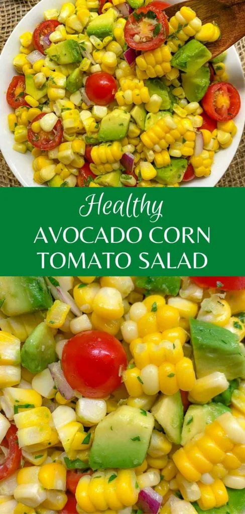 avocado corn tomato salad in a white bowl with burlap in the background