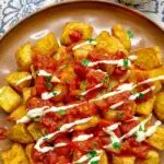 spanish patatash bravas on a brown platter garnished with tomato sauce, garlic aioli and parsley