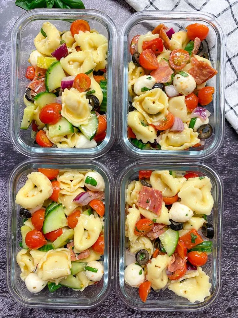 Italian antipasto tortellini pasta salad recipe in meal prep containers