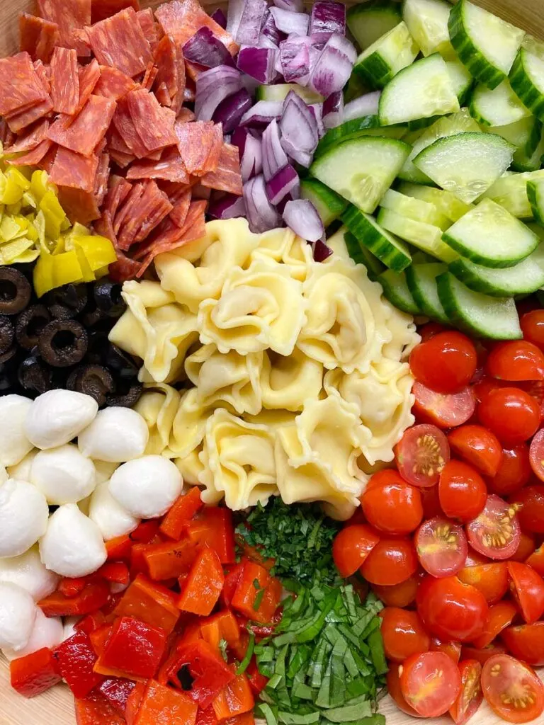 Italian antipasto tortellini pasta salad recipe in a bowl