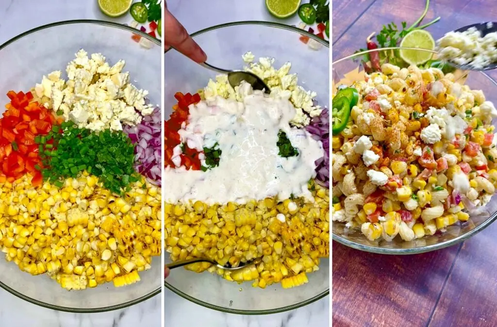 a bowl with the ingredients to make Mexican street corn pasta salad and stirring it together