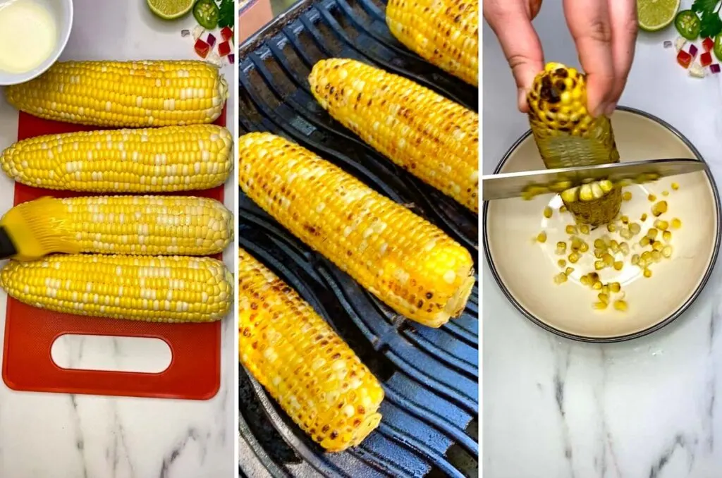 grilling corn on the cob and slicing the kernels off the cob into a bowl