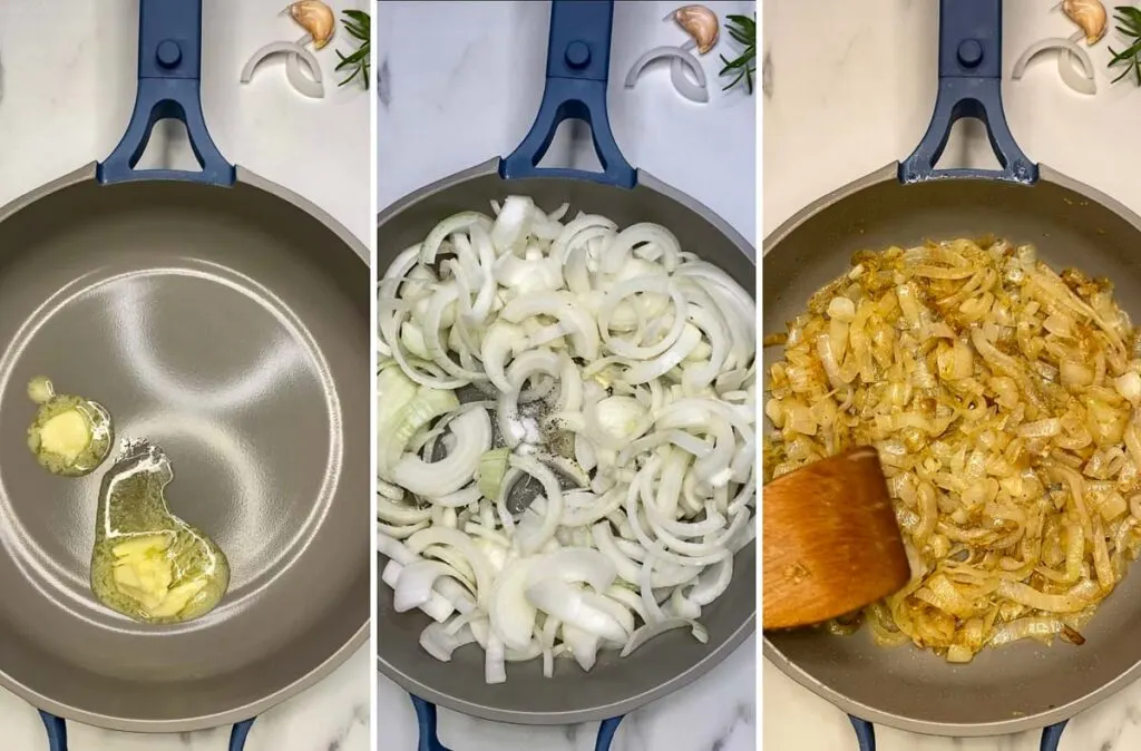 caramelizing onions in a frying pan with butter