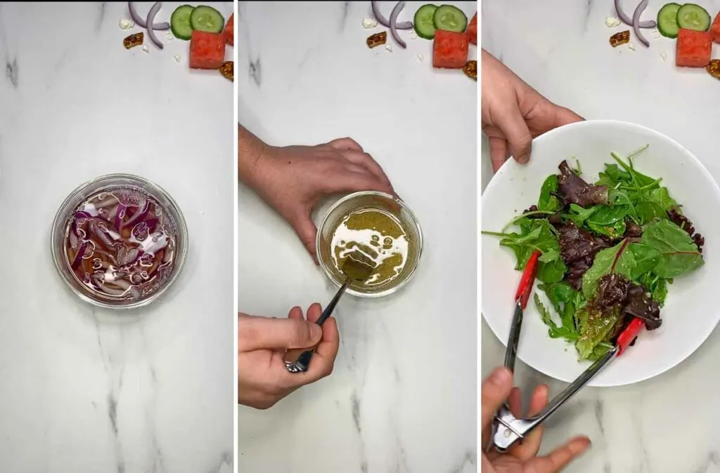 mixing salad dressing and tossing spring mix