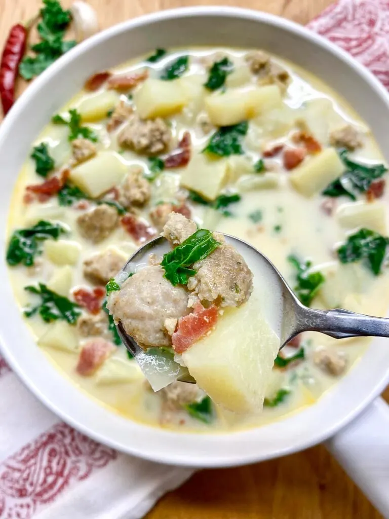 Copycat Olive Garden zuppa toscana recipe in a white bowl